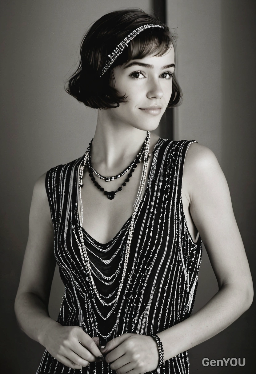 classic flapper fashion, wearing a striped dress with a dropped waistline, long strands of beaded necklaces, hair is styled in the iconic 1920s bob cut with finger waves, romantic posing, typical of the Art Deco period styling and composition, captured in black and white photography with dramatic lighting and shadows, makeup features the distinctive dark eyes and defined lips, blurry  vintage cock