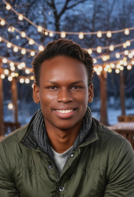 mid-shot, smiling, dining outdoors under twinkling string lights, in winter, soft focus background 