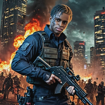 as a cosplayer of Resident Evil, short hair, rifle in hands, surrounded by very many zombies, night, burning skyscrapers, vivid colors, high-quality cinematographic style
