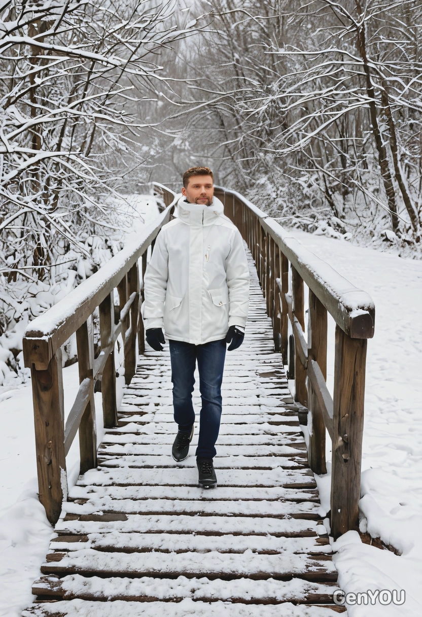 enjoying a snowy walk on a wooden bridge