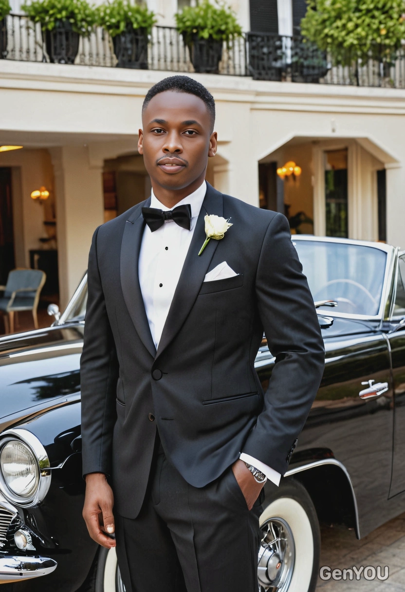 as a groom in a sleek modern tuxedo, standing beside a vintage car outside an elegant hotel