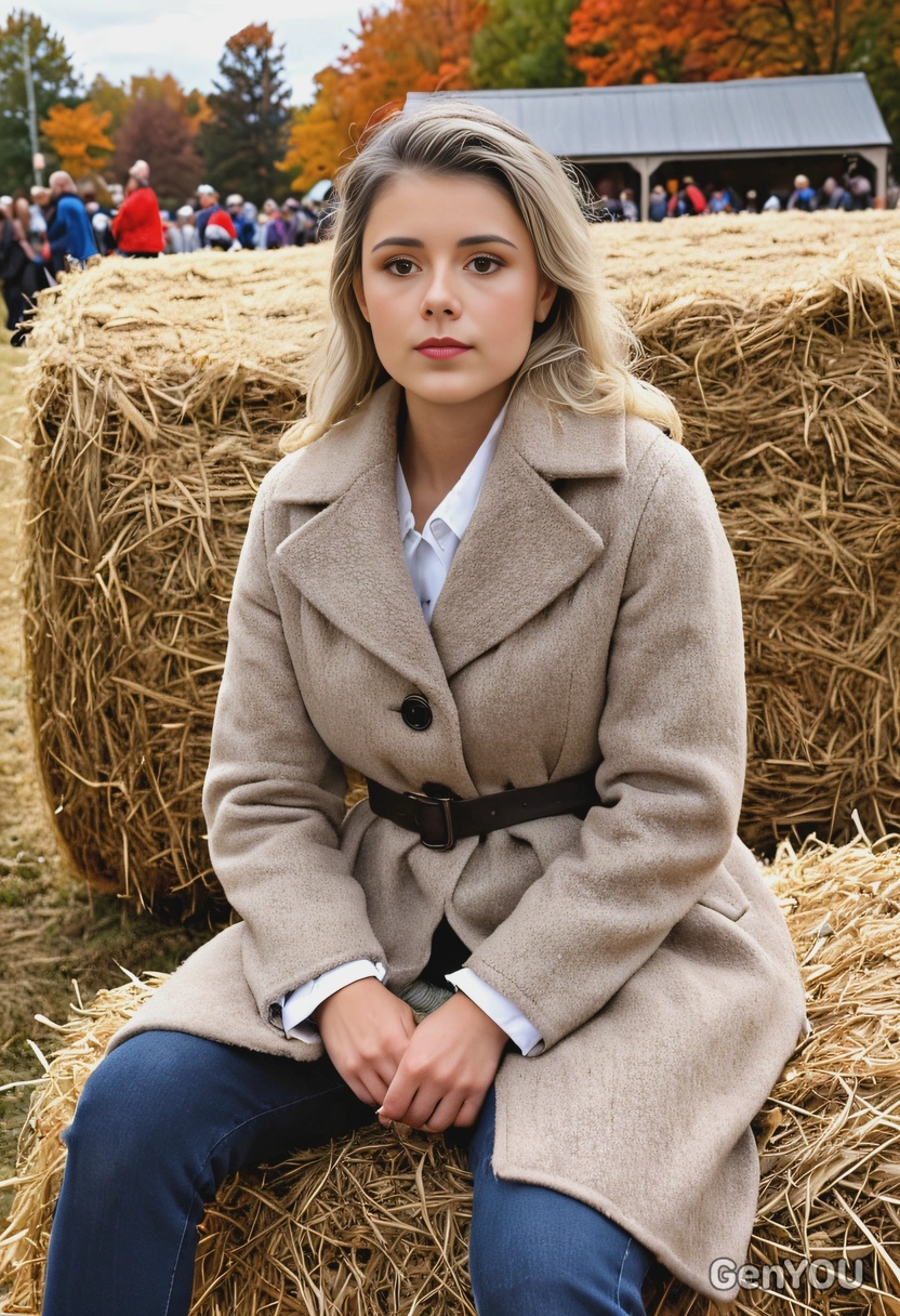 sitting on a bale of hay at a fall festival, in wool coat