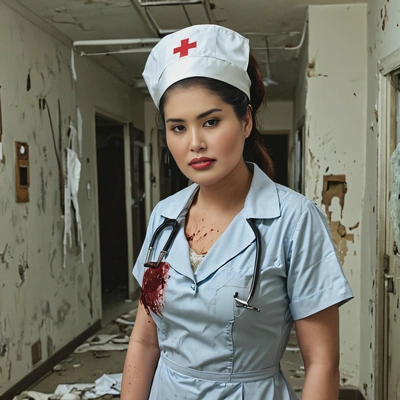 as a creepy nurse, standing in a decayed haunted hospital room 