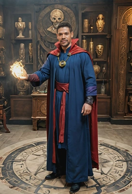 as Doctor Strange, wearing his mystic robes and cape, casting a spell in a room filled with ancient artifacts, portait