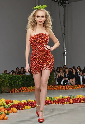 as a fashion model posing for cameras at the runway show, dressed in a wearable fruit installation, natural wavy hair, high heels, dynamic pose