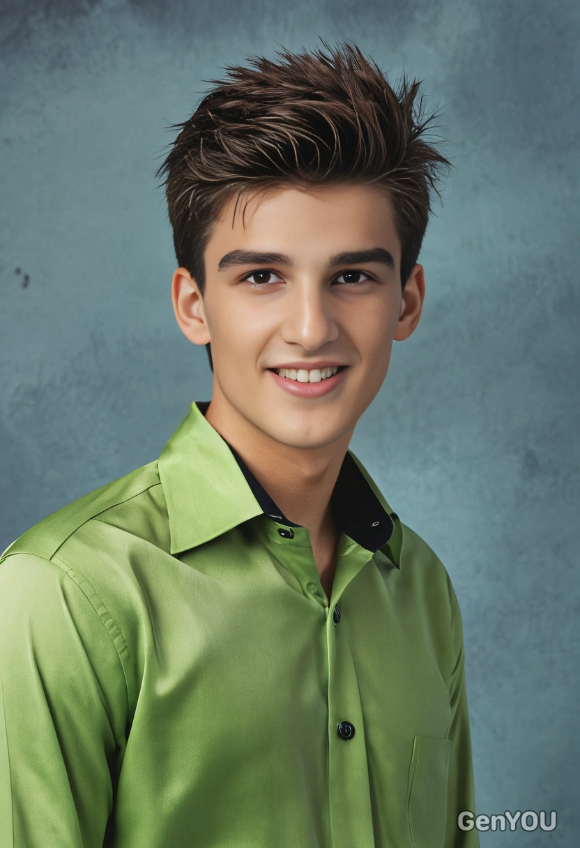 student in a lime green silk shirt with a Cuban collar with black buttons, his hair styled, in a mid-shot photo against a murky blue yearbook background