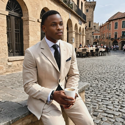 enjoying a cup of espresso in a cobblestone piazza with historical architecture, in beige linen suit