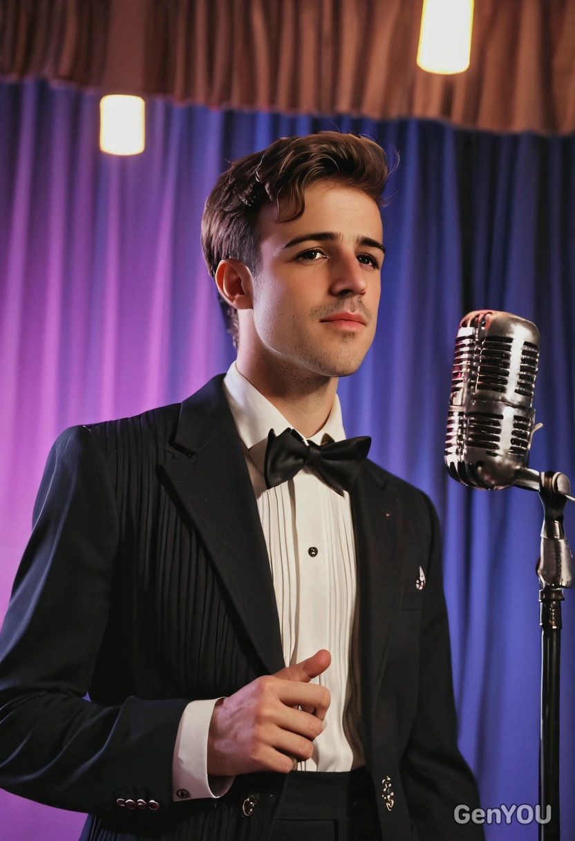 70s retro vibes, blues singer, wearing pleated, high-waisted and wide leg trousers with loose blazers, symmetrical details, recording at the studio, retro microphone, blurry background, neon lights bokeh, soft lighting, long shadows