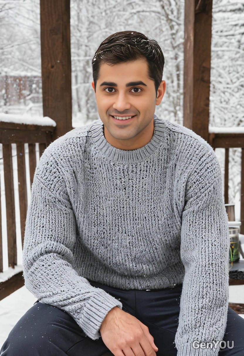 in a soft sweater, sitting on a snowy porch