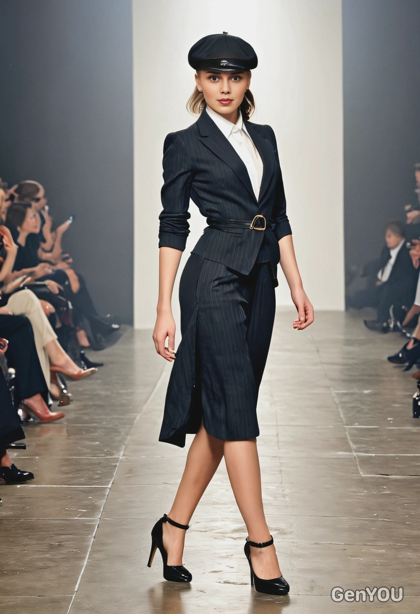 as a fashion model doing a catwalk on a runway, dressed as the Peaky Blinders character, high heels, dynamic pose