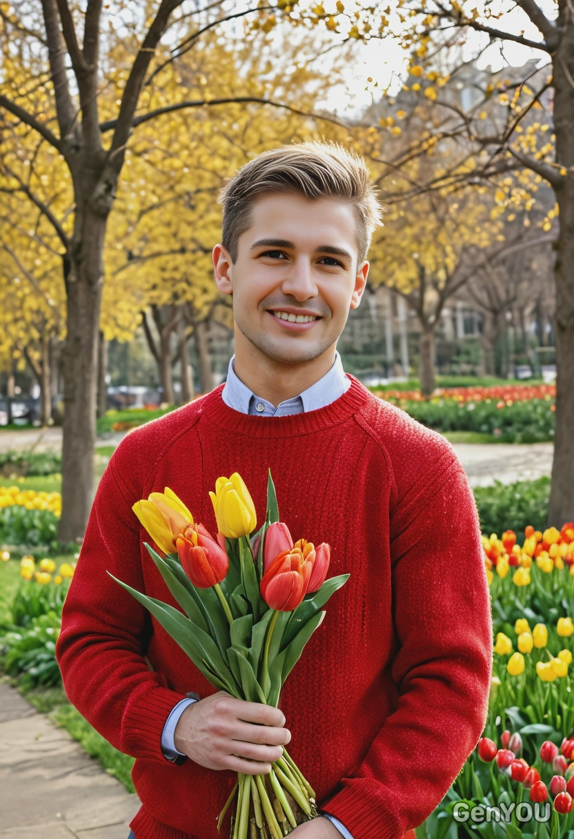 sharp skin texture details, mid-body photo, closed soft smile, fizzy hair, in a red sweater, holding a bouquet red and yellow tulips, standing in a spring park, golden hour