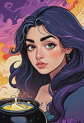 Hand-drawn flat cartoon style, Ursula from The Little Mermaid, oversized cartoon eyes, bold curved outlines, close-up portrait, glowing cauldron background with swirling ink clouds