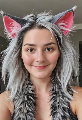 with animalistic cat features, adorned with fur, whiskers, cat ears and tail