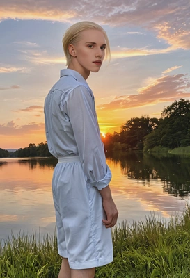 watching a romantic sunset over the lake, dressed in comfortable summer evening wear