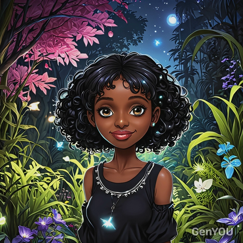 in a magical garden with glowing plants, anime, big eyes, drawing