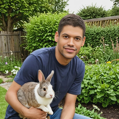 smiling, with a rabbit in a garden