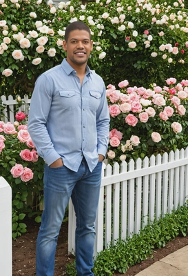 wearing a casual spring outfit, standing near a white picket fence in a garden filled with blooming roses