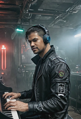 A cyberpunk musician, performing in a smoky underground club