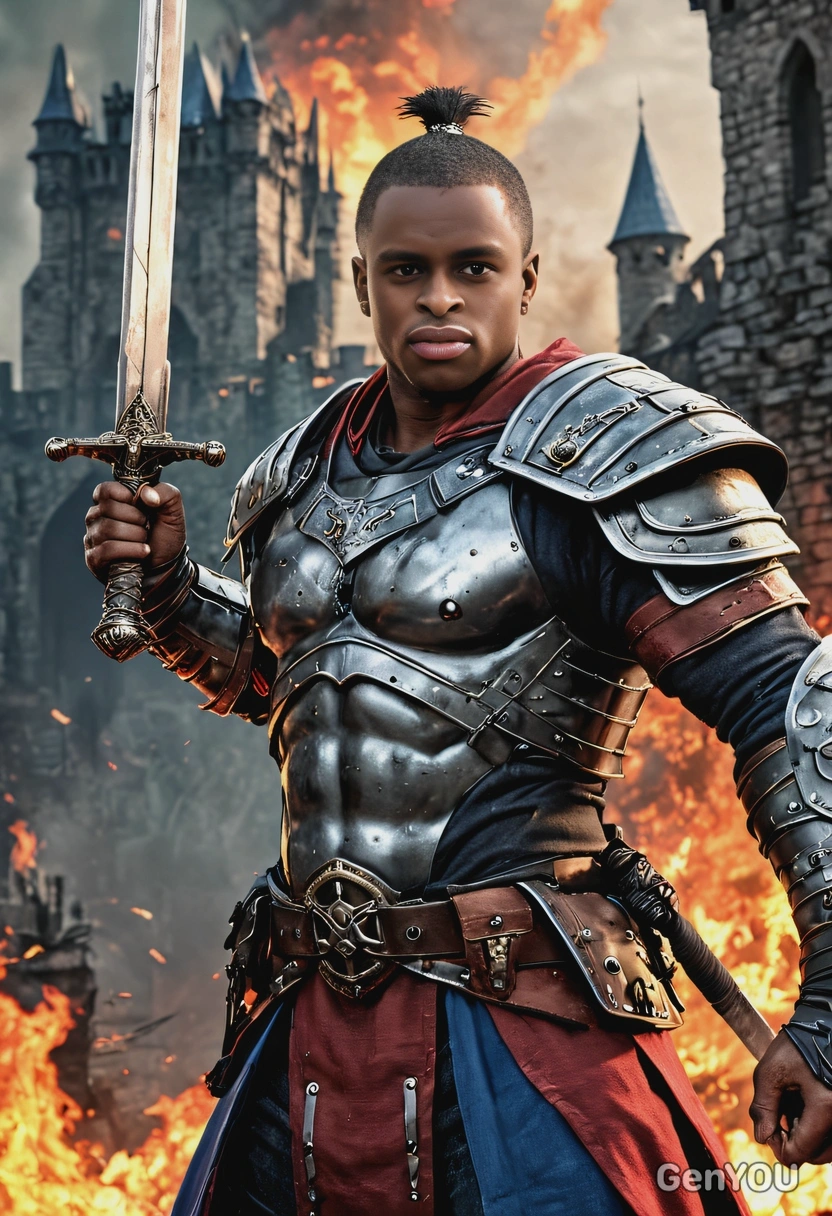as a warlord, muscular, sword in hand, destroyed burning castle on background, close up shot, vivid colors, symmetrical clothing details, 3D video game style, high-quality stylized art