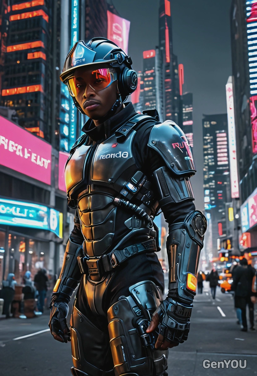 as a firefighter in a neon-lit cyberpunk city, wearing a cybernetic, high-tech fire exoskeleton suit  with  AR vision helmet, futuristic skyscrapers and holographic advertisements