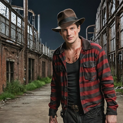 as Freddy Krueger, standing by a haunted old factory in the night