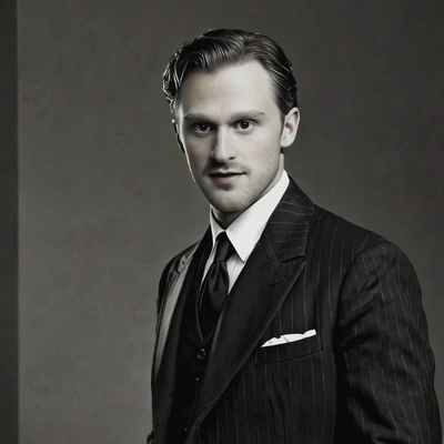 dressed as a 1930s film star, in black and white for a cinematic effect