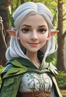3D cartoon style, elven archer with leaf-patterned cloak, oversized cartoon big sparkling eyes, close-up portrait, enchanted forest background
