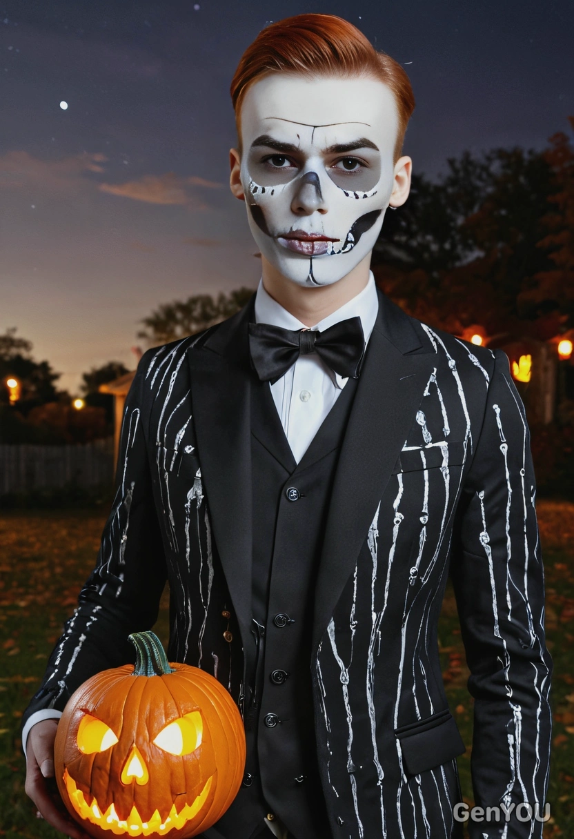 in a dapper skeleton suit with painted skull makeup, holding a glowing pumpkin lantern