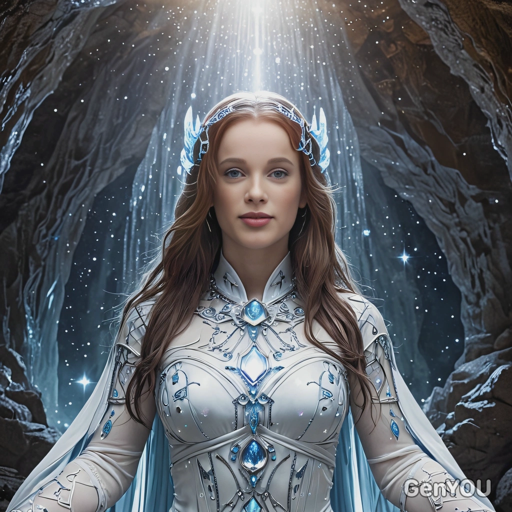 Dressed as a celestial oracle, wearing a flowing,standing in a glowing cave surrounded by shimmering crystals and cosmic symbols