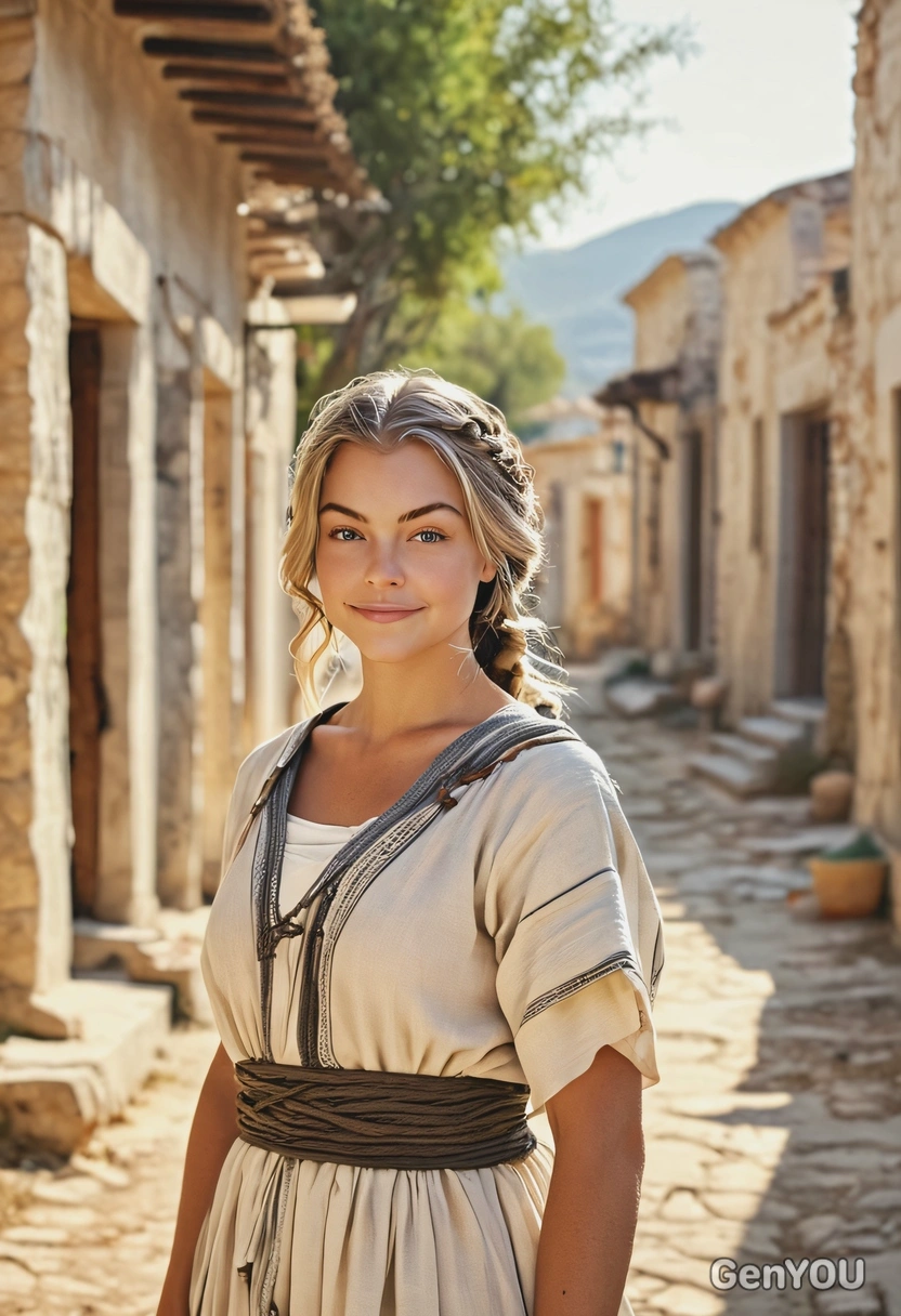 ancient Greek peasant, wearing a historical tunic, made from linen and wool, braided hair, symmetrical details, romantic pose, dreamy look, blurry vibrant ancient Greek village background, morning rays