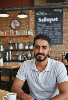 at a cafe, blurred background, photo taken on 50mm lenses, high-res, highly realistic