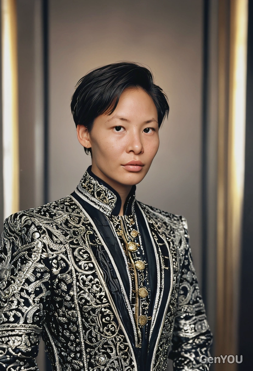 as a movie star in extravagant outfit, blurred background, studio, symmetrical details