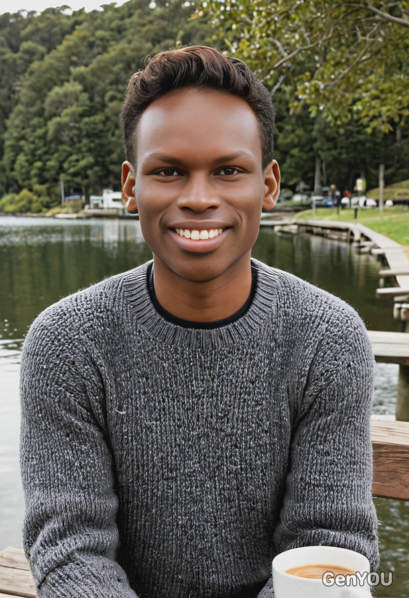 mid-shot, smiling, in a casual knit sweater, sitting with a coffee at a lakeside bench