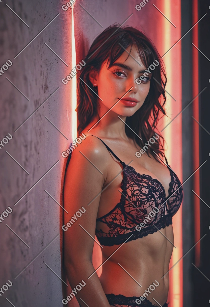 seductive sexy woman leaning on the wall, looking at the viewer, wearing modest lingerie, bokeh effect, bathed in a warm neon glow