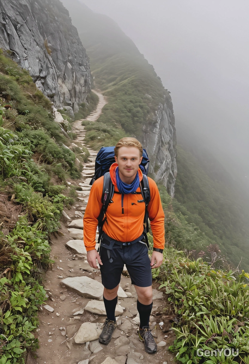 As a tourist hiking up a steep mountain trail, standing by a valley filled with fog, look at the camera, full body view 