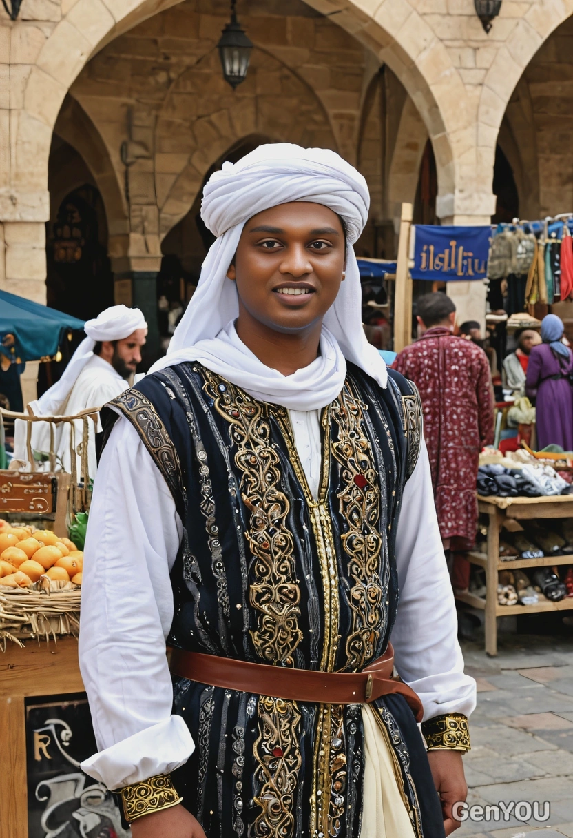 wearing a medieval merchant's garb, standing in a market square