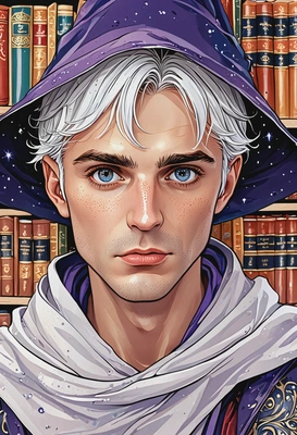 2D cartoon style, hand-drawn, magical color palette, thin ink outlines, male wizard, oversized cartoon big sparkling eyes, magical library background, close-up portrait