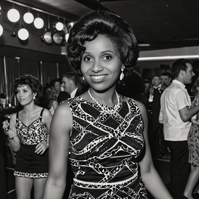  in a 1960s go-go dress, in a retro nightclub, captured in vibrant black and white