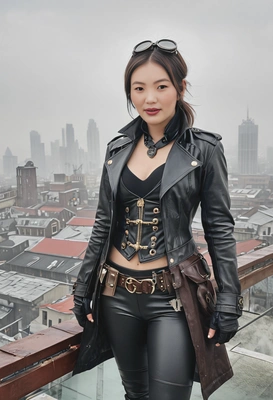 as a Steampunk thief, in a leather coat, standing atop a rooftop in a foggy city