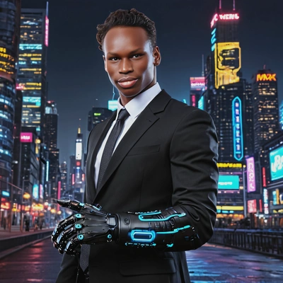 as a cyberpunk businessman, cybernetic arm under business suit, cyberware, neon city lights on the background, half body view 