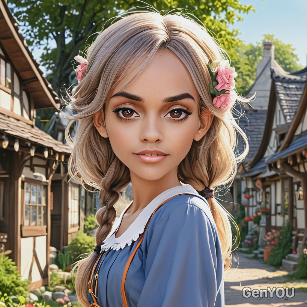 in a charming fairy tale village, anime style, big eyes, manga drawing
