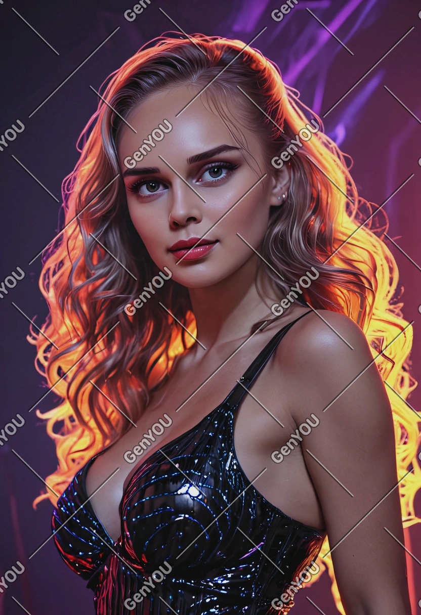seductive sexy pose with a flirty look, half-body view, wearing a stunning fitted dress, long wavy hair, in a neon rave club, warm glow, high-quality photo, eyes on you, vaporware core aesthetics, AI style, sharp face texture