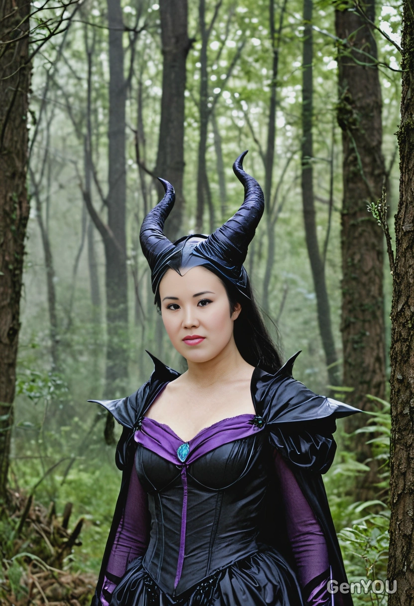 as Maleficent from Sleeping Beauty, dressed in her black and purple gown with a horned headdress, standing in a dark, eerie forest with green flames around her
