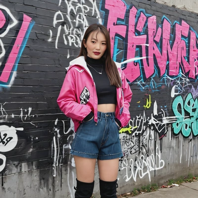 as Lisa from Blackpink, in a trendy street-style outfit with an oversized jacket and thigh-high boots, posing in front of a graffiti-covered wall, close up photo