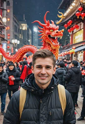 tourist on the street, in black parka, celebrating Chinese Lunar new year, red dragon, happy people around, big crowd, blurred background
