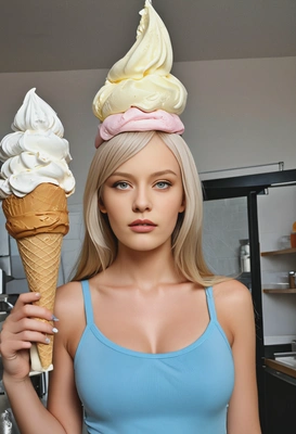 standing with an oversized ice cream cone, looking forward