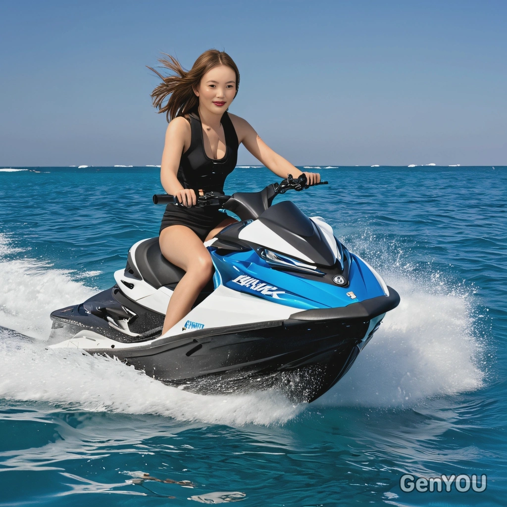 on a jet ski, speeding through clear blue water