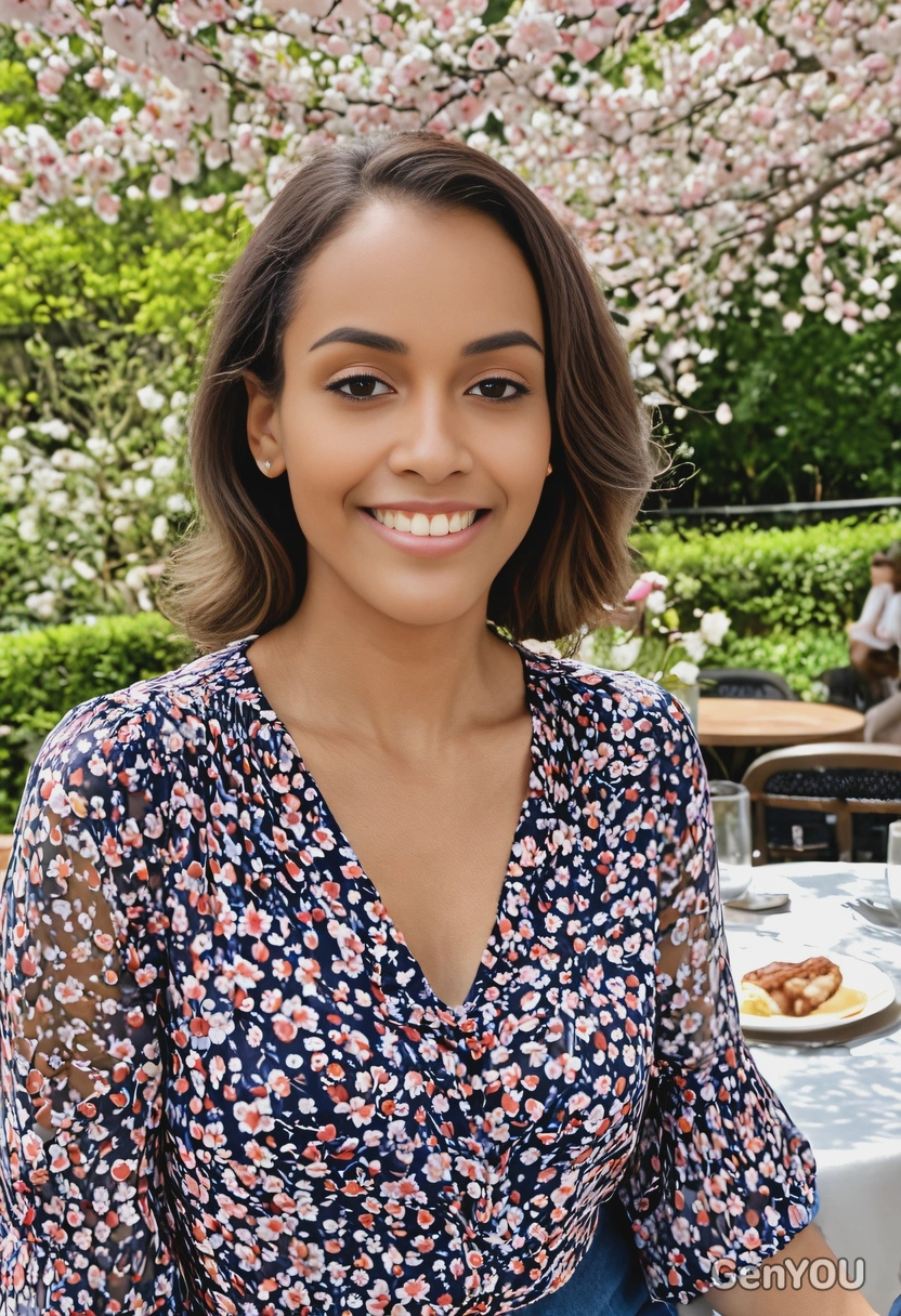 close-up, smiling, in a flowing floral blouse, at an outdoor brunch spot with spring blossoms 