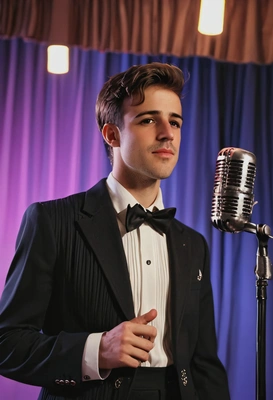 70s retro vibes, blues singer, wearing pleated, high-waisted and wide leg trousers with loose blazers, symmetrical details, recording at the studio, retro microphone, blurry background, neon lights bokeh, soft lighting, long shadows