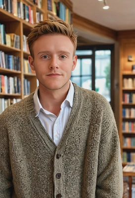 wearing a soft textured cardigan, against a backdrop of a cozy bookstore ,soft focus, blurred background, looking at viewer